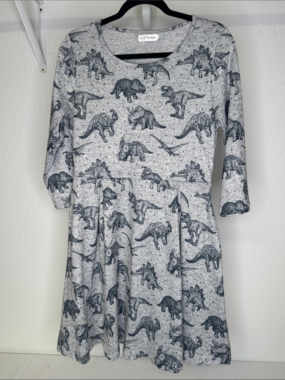 LA Soul Gray Dinosaur Print Fit and Flare Dress